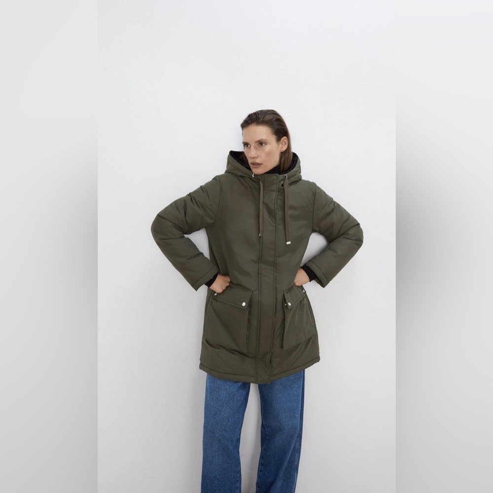 ZARA Olive Green Hooded Puffer Parka Jacket Size Large L Oversized Winter Coat